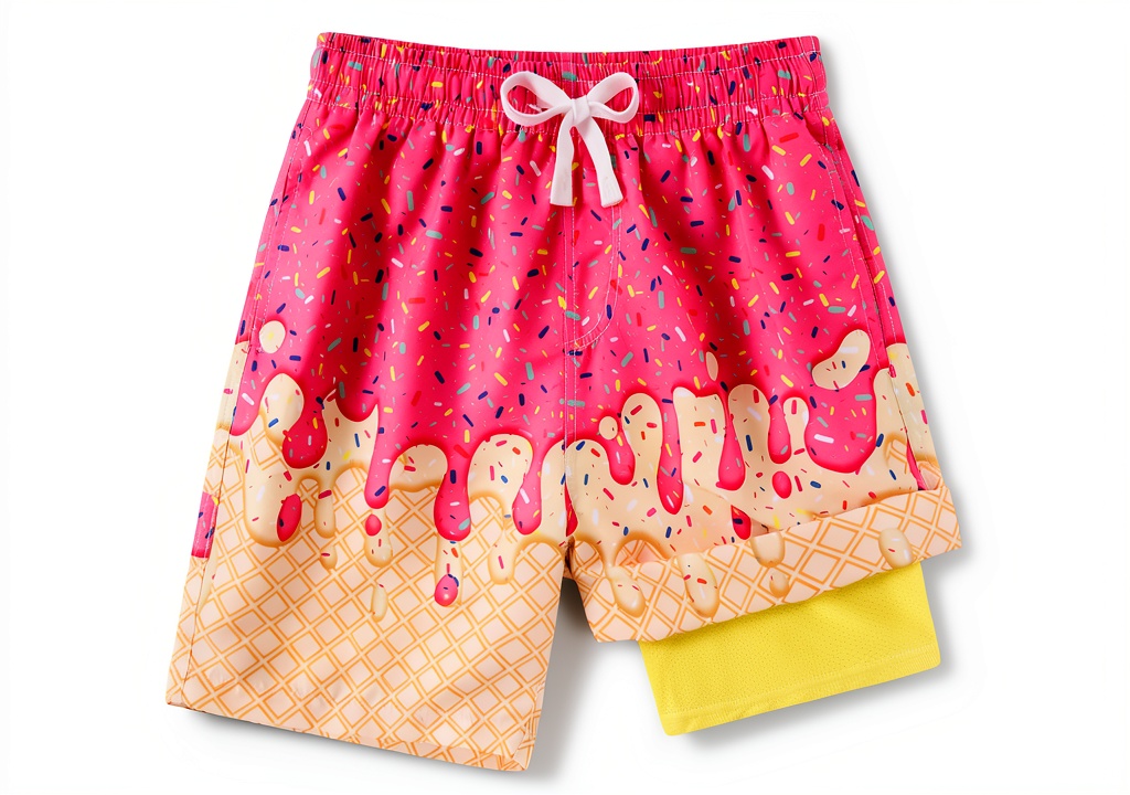 AquaKid boys quick‑dry swim shorts laid out on a beach towel with a bright sunny background
