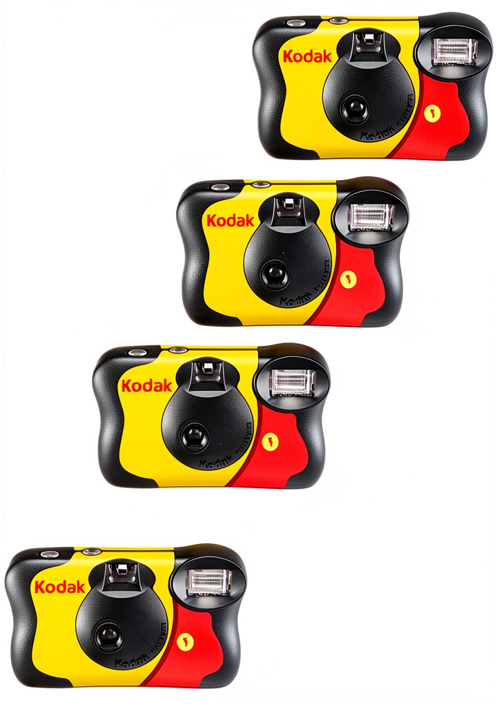 Kodak Single‑Use Film Camera 800 Speed on a wooden desk, showing the camera and a roll of film