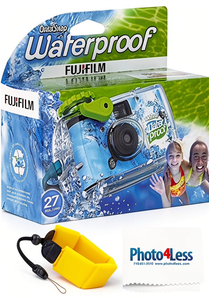 Fujifilm Quick Snap Waterproof 35mm Disposable Camera Kit being held on a sandy beach with waves in the background