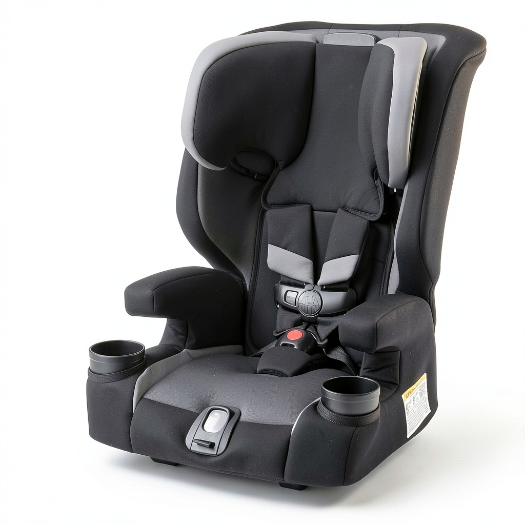 Child safely seated in the 3-in-1 booster in a car interior